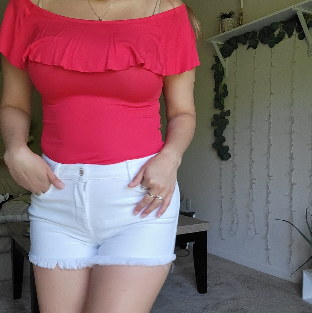 EXPRESS Red ruffle off the shoulder bodysuit